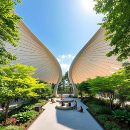 A stunning outdoor space designed for relaxation and gatherings, shaped like large outstretched wings, with people comfortably seated on the 'feathers'