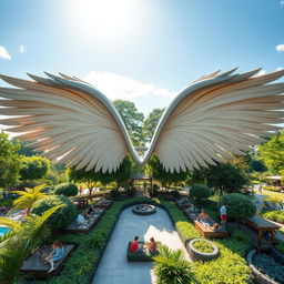 A stunning outdoor space designed for relaxation and gatherings, shaped like large outstretched wings, with people comfortably seated on the 'feathers'