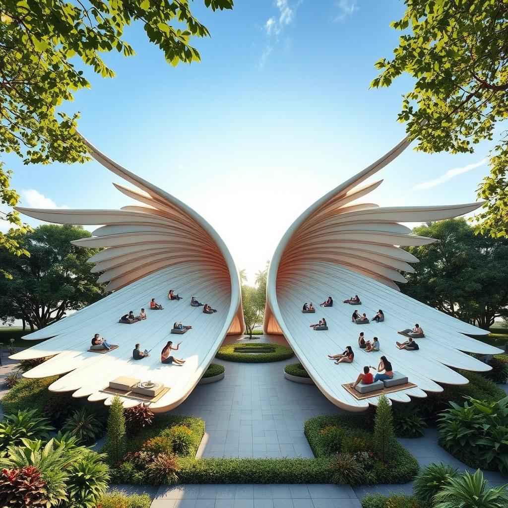 A stunning outdoor space designed for relaxation and gatherings, shaped like large outstretched wings, with people comfortably seated on the 'feathers'