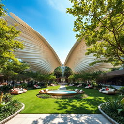 A stunning outdoor space designed for relaxation and gatherings, shaped like large outstretched wings, with people comfortably seated on the 'feathers'