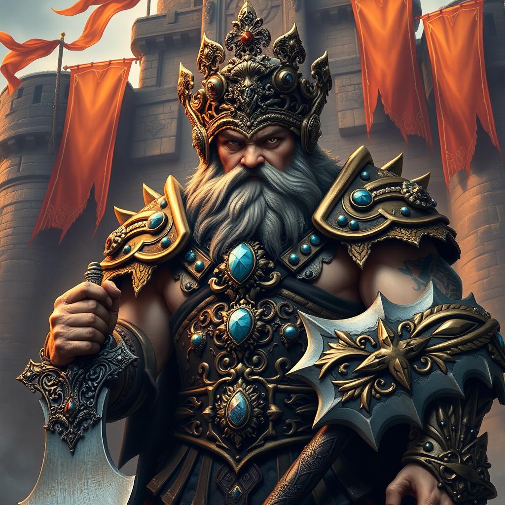 A formidable dwarf king standing proudly in his ornate, elaborately designed armor