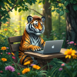 A whimsical scene of a tiger sitting at a rustic wooden table in a forest setting, wearing a small beret and reading a laptop, showcasing its artistic side as it enjoys freelance work, surrounded by lush greenery and colorful flowers, a playful atmosphere, sunlight filtering through the leaves, creating a magical ambiance