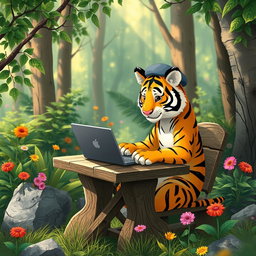 A whimsical scene of a tiger sitting at a rustic wooden table in a forest setting, wearing a small beret and reading a laptop, showcasing its artistic side as it enjoys freelance work, surrounded by lush greenery and colorful flowers, a playful atmosphere, sunlight filtering through the leaves, creating a magical ambiance