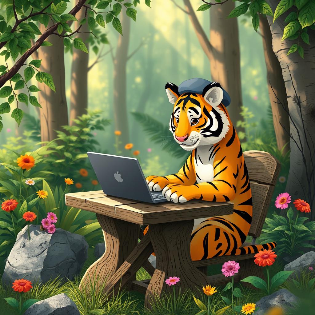 A whimsical scene of a tiger sitting at a rustic wooden table in a forest setting, wearing a small beret and reading a laptop, showcasing its artistic side as it enjoys freelance work, surrounded by lush greenery and colorful flowers, a playful atmosphere, sunlight filtering through the leaves, creating a magical ambiance