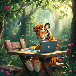 A whimsical scene of a tiger sitting at a rustic wooden table in a forest setting, wearing a small beret and reading a laptop, showcasing its artistic side as it enjoys freelance work, surrounded by lush greenery and colorful flowers, a playful atmosphere, sunlight filtering through the leaves, creating a magical ambiance
