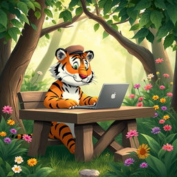 A whimsical scene of a tiger sitting at a rustic wooden table in a forest setting, wearing a small beret and reading a laptop, showcasing its artistic side as it enjoys freelance work, surrounded by lush greenery and colorful flowers, a playful atmosphere, sunlight filtering through the leaves, creating a magical ambiance