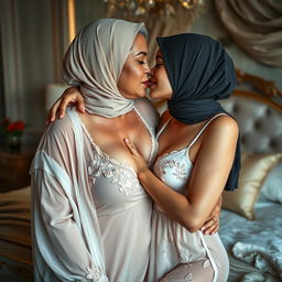 A sensual image featuring two women, one mature and one young, both wearing stylish hijabs