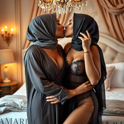 A sensual image featuring two women, one mature and one young, both wearing stylish hijabs