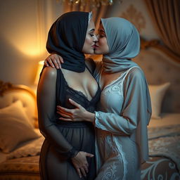 A sensual image featuring two women, one mature and one young, both wearing stylish hijabs