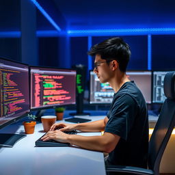 A focused programmer sitting at a sleek, modern desk surrounded by multiple computer monitors displaying colorful code and game development graphics