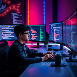 A focused programmer sitting at a sleek, modern desk surrounded by multiple computer monitors displaying colorful code and game development graphics