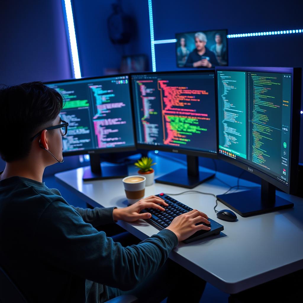 A focused programmer sitting at a sleek, modern desk surrounded by multiple computer monitors displaying colorful code and game development graphics