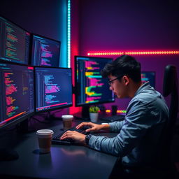 A focused programmer sitting at a sleek, modern desk surrounded by multiple computer monitors displaying colorful code and game development graphics