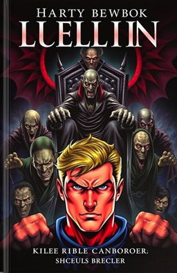 A dramatic book cover featuring a heroic figure at the forefront, showcasing vibrant colors with a clear view of his determined face