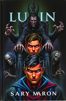 A dramatic book cover featuring a heroic figure at the forefront, showcasing vibrant colors with a clear view of his determined face