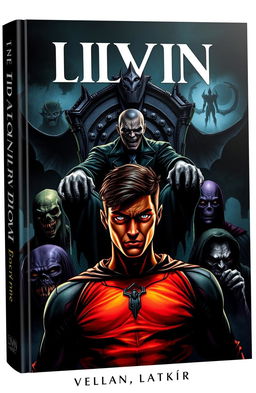 A dramatic book cover featuring a heroic figure at the forefront, showcasing vibrant colors with a clear view of his determined face