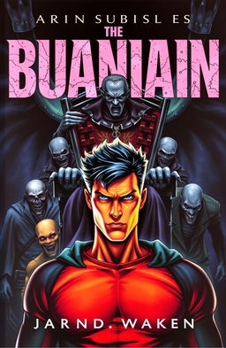 A dramatic book cover featuring a heroic figure at the forefront, showcasing vibrant colors with a clear view of his determined face