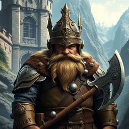 A stout dwarf king depicted with a helmet completely covering his face, exuding an aura of mystery and strength