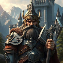 A stout dwarf king depicted with a helmet completely covering his face, exuding an aura of mystery and strength