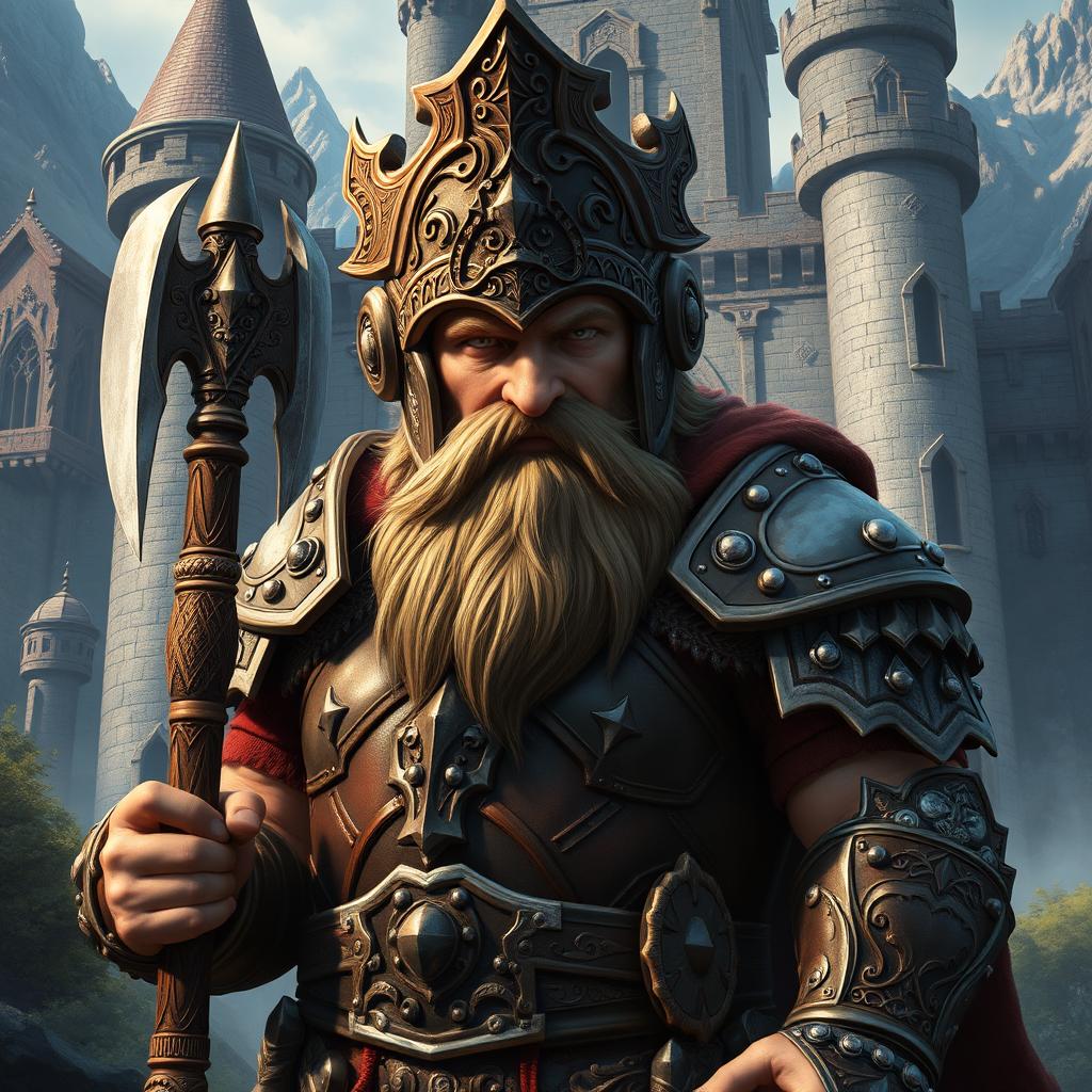 A stout dwarf king depicted with a helmet completely covering his face, exuding an aura of mystery and strength