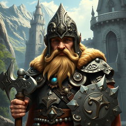 A stout dwarf king depicted with a helmet completely covering his face, exuding an aura of mystery and strength