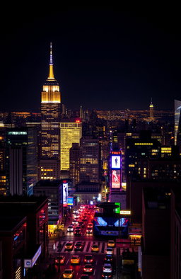 An expansive view of New York City at night, showcasing the iconic skyline illuminated by thousands of vibrant city lights