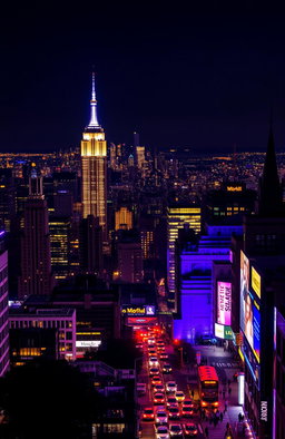 An expansive view of New York City at night, showcasing the iconic skyline illuminated by thousands of vibrant city lights
