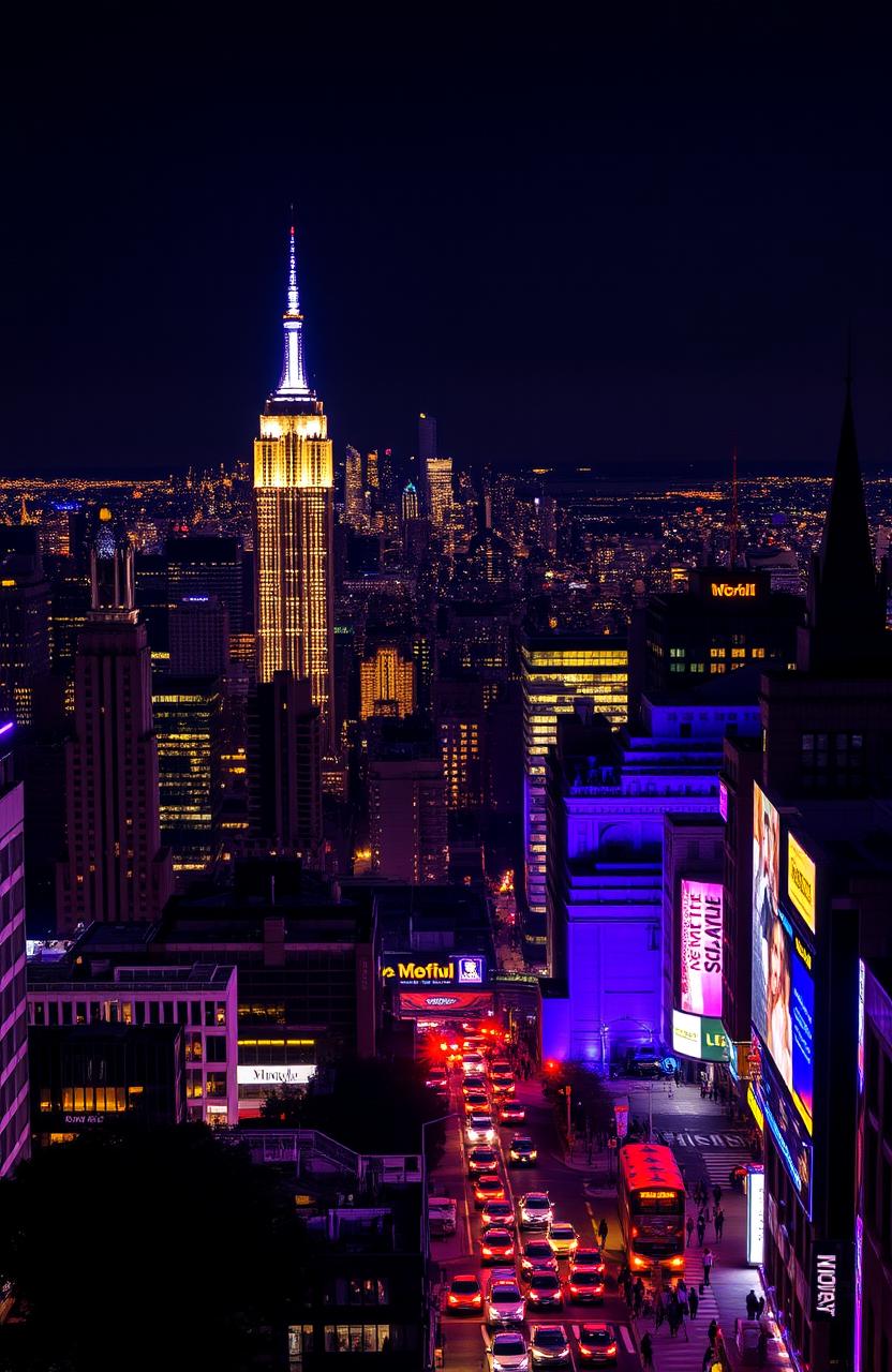 An expansive view of New York City at night, showcasing the iconic skyline illuminated by thousands of vibrant city lights