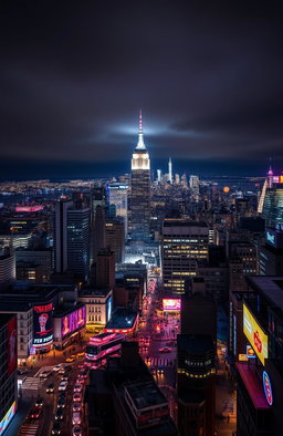 An expansive view of New York City at night, showcasing the iconic skyline illuminated by thousands of vibrant city lights