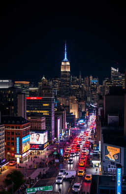An expansive view of New York City at night, showcasing the iconic skyline illuminated by thousands of vibrant city lights