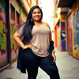 A plus size Indian girl wearing stylish leggings, posing confidently with a vibrant smile