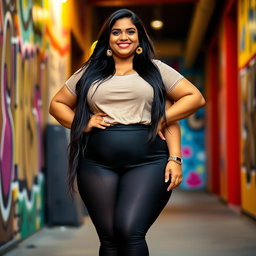A plus size Indian girl wearing stylish leggings, posing confidently with a vibrant smile