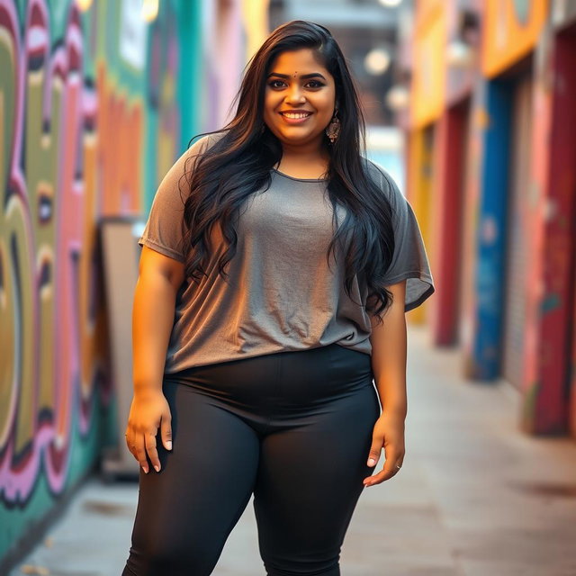 A plus size Indian girl wearing stylish leggings, posing confidently with a vibrant smile