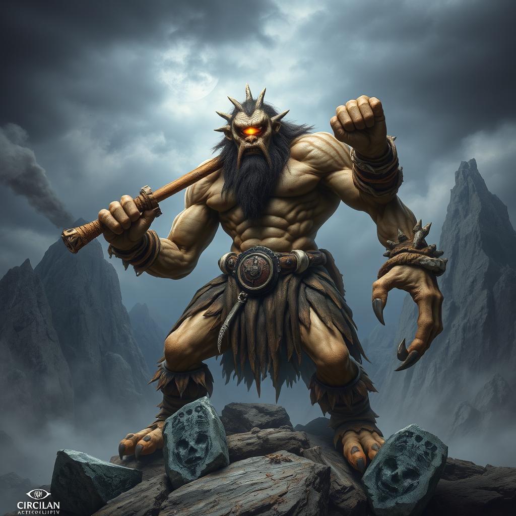 A powerful Cyclops towering over a rocky landscape, showcasing its muscular build and single large eye glowing fiercely