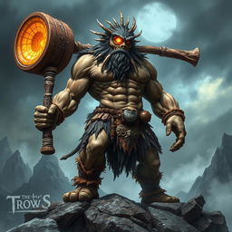 A powerful Cyclops towering over a rocky landscape, showcasing its muscular build and single large eye glowing fiercely