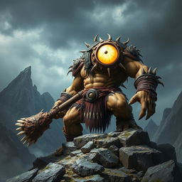 A powerful Cyclops towering over a rocky landscape, showcasing its muscular build and single large eye glowing fiercely