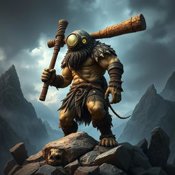 A powerful Cyclops towering over a rocky landscape, showcasing its muscular build and single large eye glowing fiercely