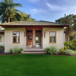 A quaint, two-bedroom house with attached bathrooms, showcasing an open kitchen design. It has a welcoming porch surrounded by a lush green lawn.