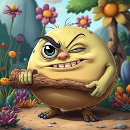 A comical, rotund Cyclops with a goofy expression, showcasing its large single eye squinted in a silly manner