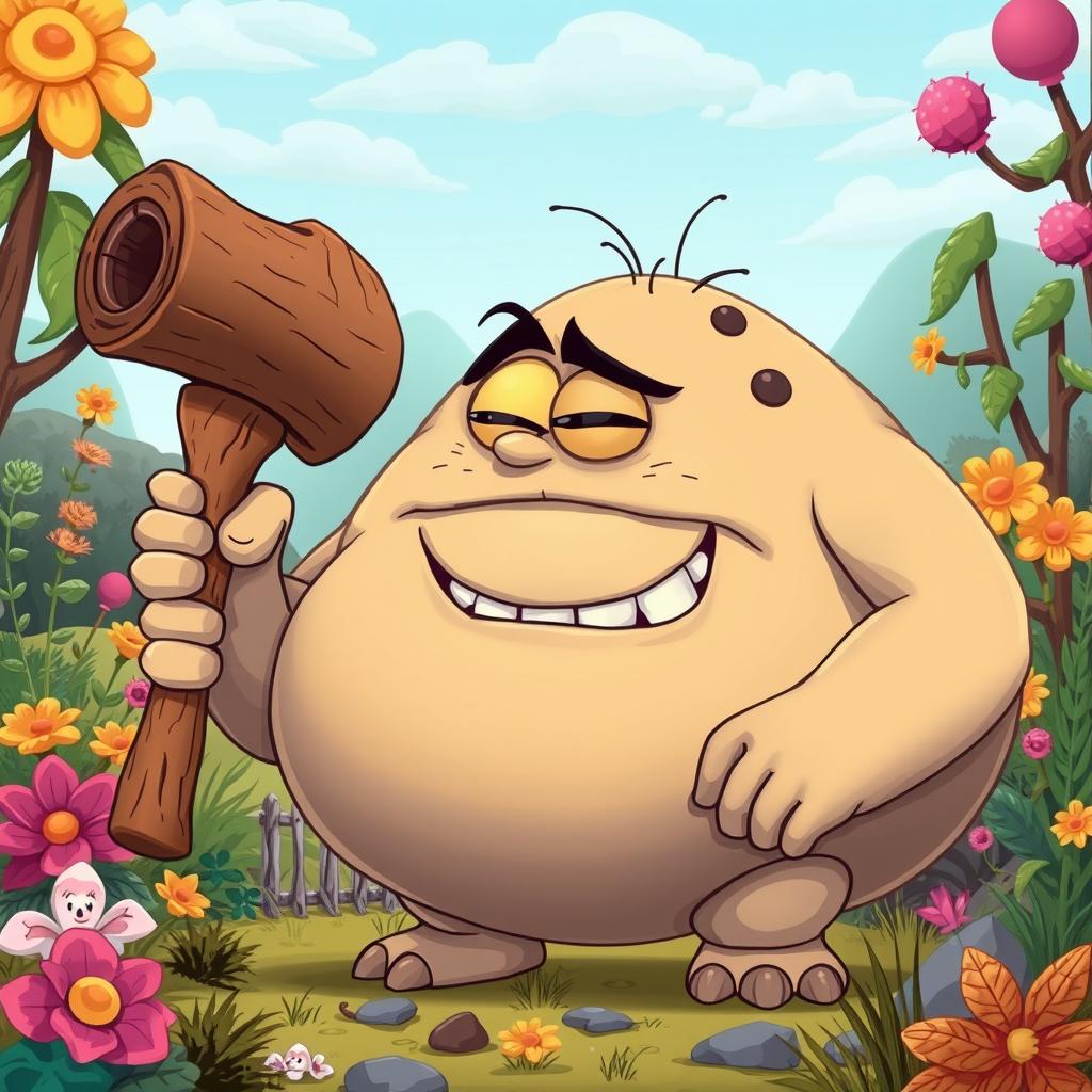 A comical, rotund Cyclops with a goofy expression, showcasing its large single eye squinted in a silly manner