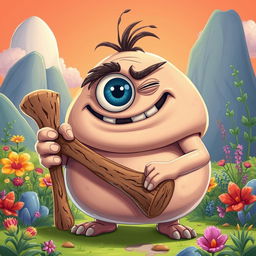 A comical, rotund Cyclops with a goofy expression, showcasing its large single eye squinted in a silly manner
