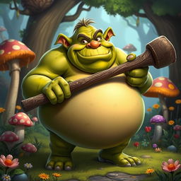 A large, comical ogre with a round belly and a silly expression, showcasing its goofy demeanor
