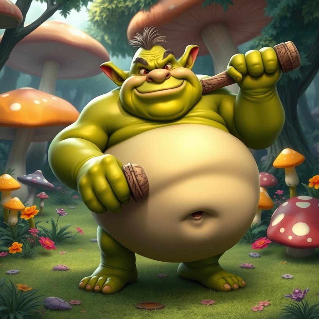A large, comical ogre with a round belly and a silly expression, showcasing its goofy demeanor