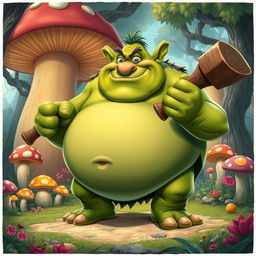 A large, comical ogre with a round belly and a silly expression, showcasing its goofy demeanor