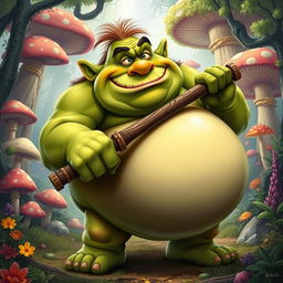 A large, comical ogre with a round belly and a silly expression, showcasing its goofy demeanor
