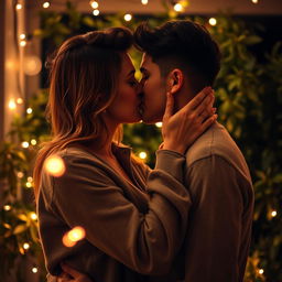 A romantic scene featuring a couple deeply engaged in a passionate kiss, surrounded by a soft, dreamy atmosphere