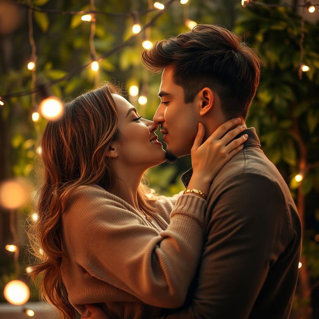 A romantic scene featuring a couple deeply engaged in a passionate kiss, surrounded by a soft, dreamy atmosphere