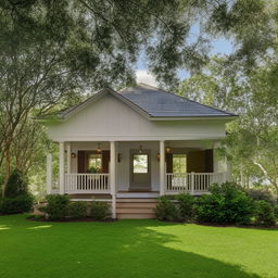 A quaint, two-bedroom house with attached bathrooms, showcasing an open kitchen design. It has a welcoming porch surrounded by a lush green lawn.