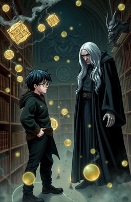 A dramatic scene set in a mystical library within Hogwarts