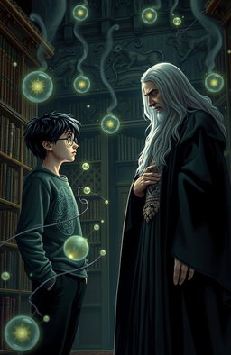 A dramatic scene set in a mystical library within Hogwarts